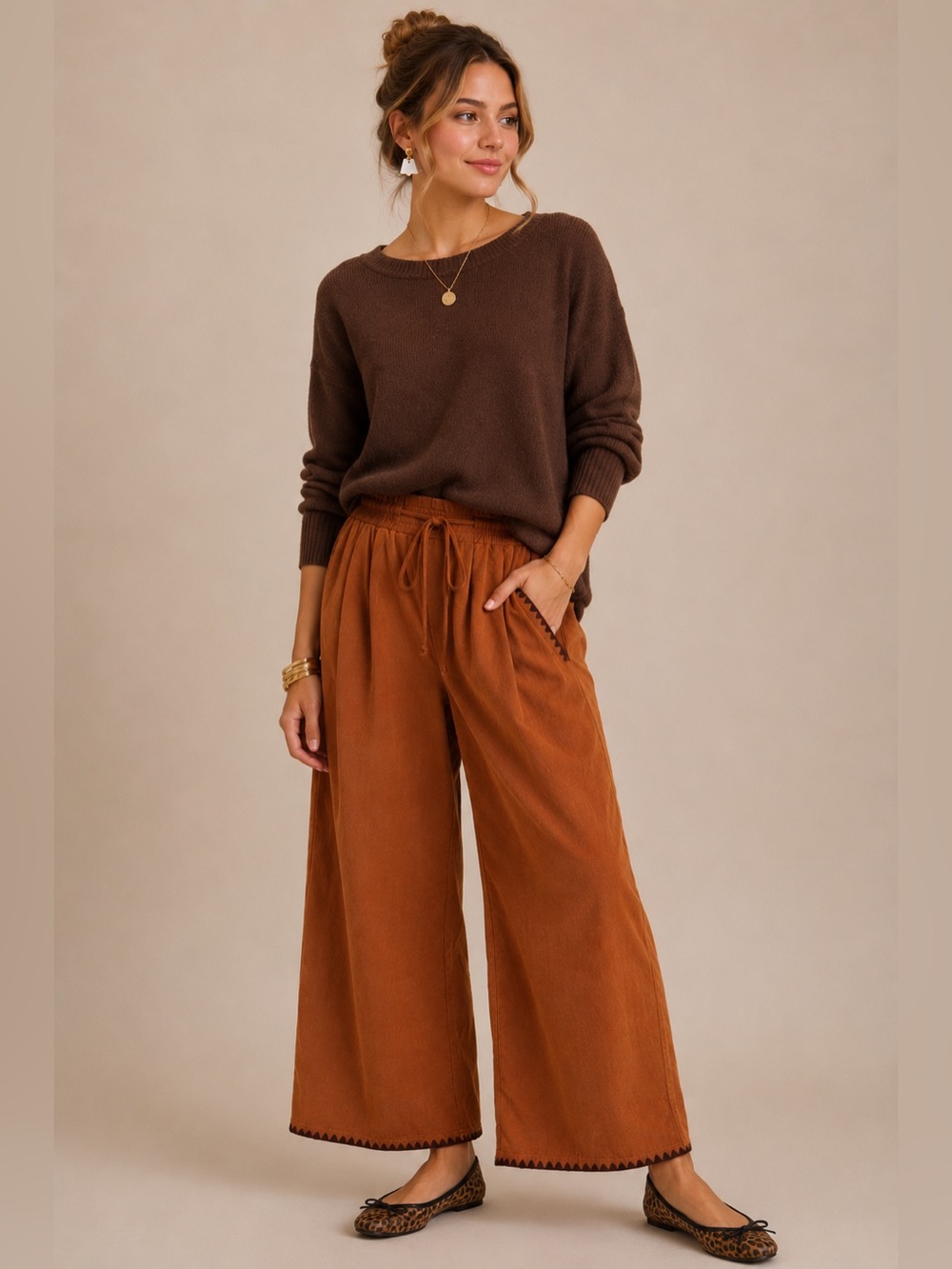 Rust Corduroy Wide Leg Pants with Brown Topstitch & Drawstring Waist - Picture 2 of 5